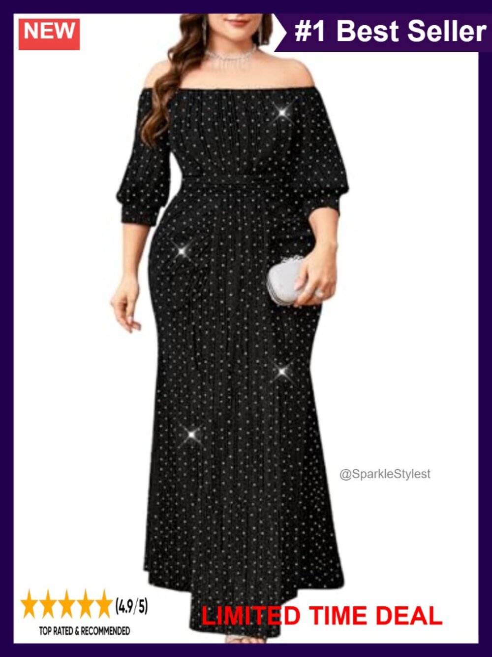 Plus Size Sparkly Off Shoulder Puff Sleeve Mermaid Maxi Formal Dress